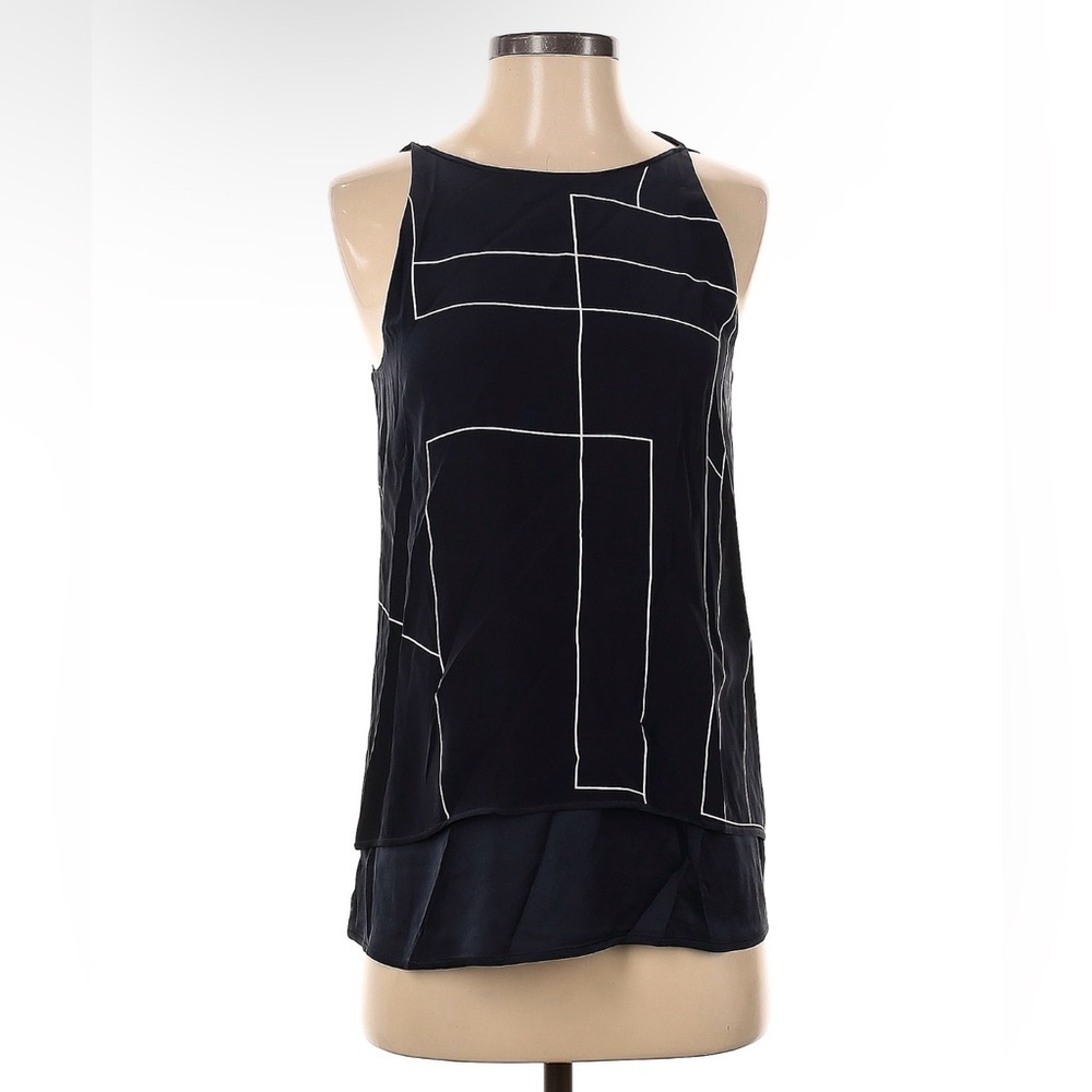 Theory Silk Navy and White Line Pattern Top